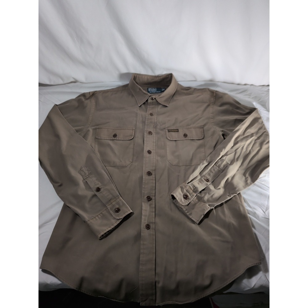 Vintage 90s Polo Ralph Lauren Long Sleeve Military Safari Shirt Brown Men's XL